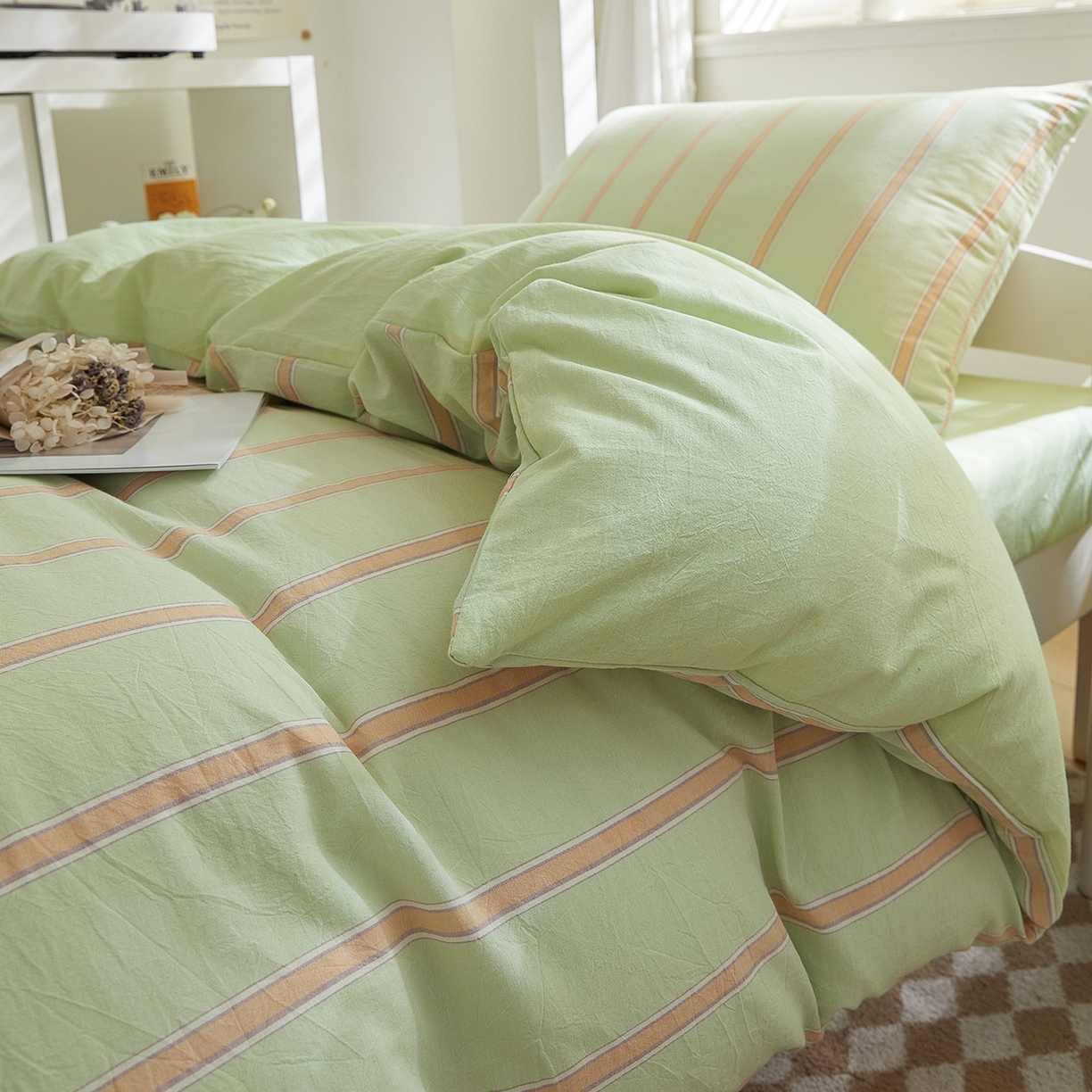 91家纺网 家纺一手货源 找家纺 吾诺2025新款 色织全棉学生组合大礼包三件套四件套 桔绿条