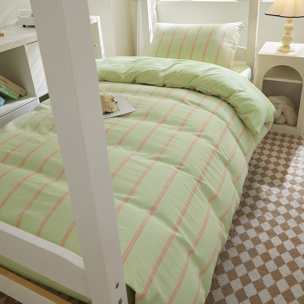 91家纺网 家纺一手货源 找家纺 吾诺2025新款 色织全棉学生组合大礼包三件套四件套 桔绿条