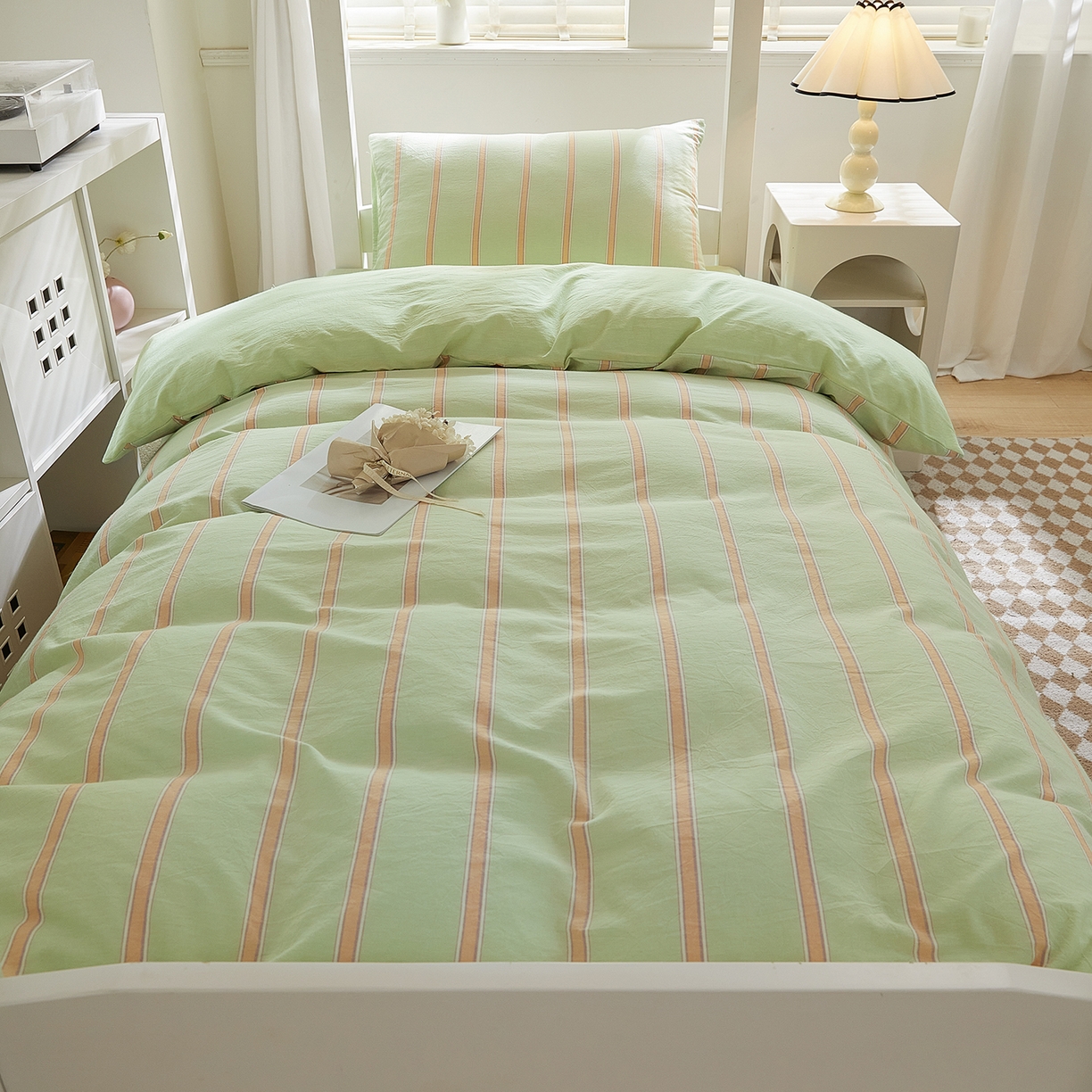 91家纺网 家纺一手货源 找家纺 吾诺2025新款 色织全棉学生组合大礼包三件套四件套 桔绿条