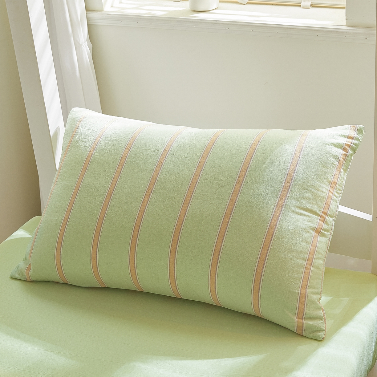 91家纺网 家纺一手货源 找家纺 吾诺2025新款 色织全棉学生组合大礼包三件套四件套 桔绿条