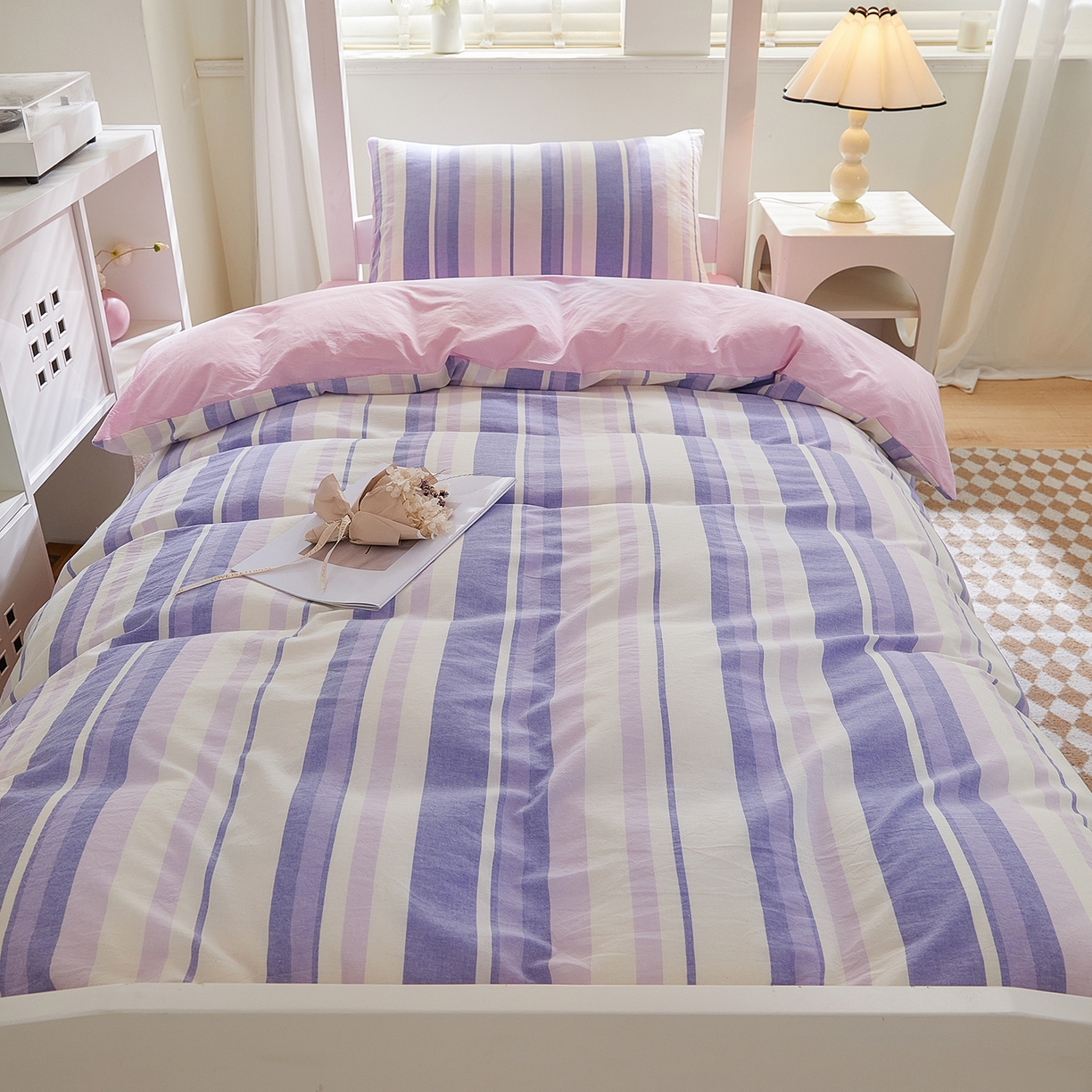 91家纺网 家纺一手货源 找家纺 吾诺2025新款 色织全棉学生组合大礼包三件套四件套 拉雯尔-紫