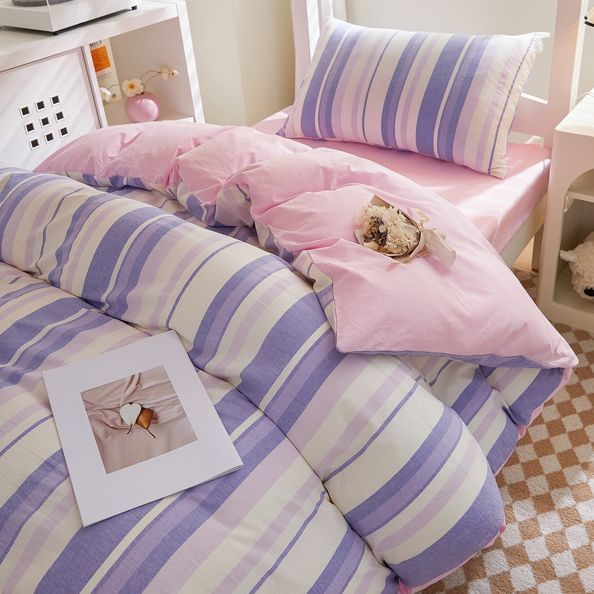 91家纺网 家纺一手货源 找家纺 吾诺2025新款 色织全棉学生组合大礼包三件套四件套 拉雯尔-紫