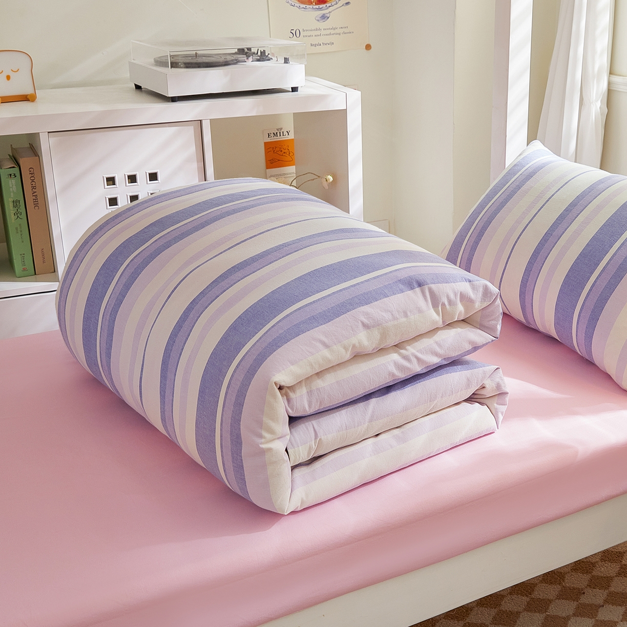 91家纺网 家纺一手货源 找家纺 吾诺2025新款 色织全棉学生组合大礼包三件套四件套 拉雯尔-紫