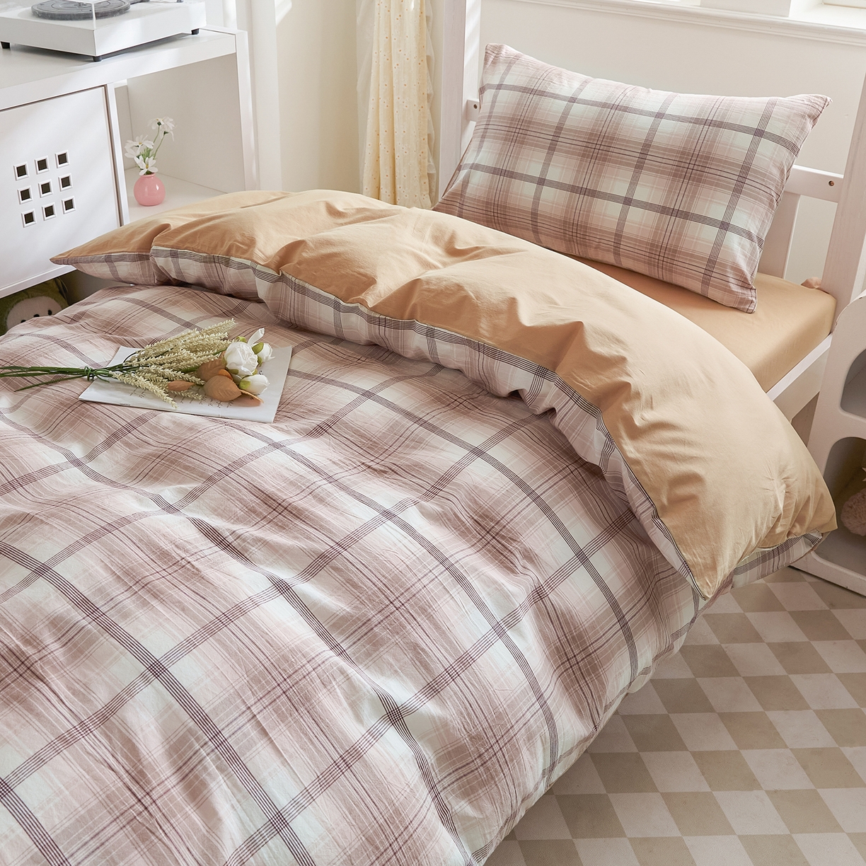 91家纺网 家纺一手货源 找家纺 吾诺2025新款 色织全棉学生组合大礼包三件套四件套 玛奇朵