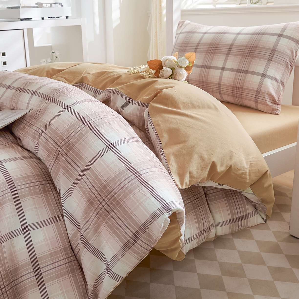 91家纺网 家纺一手货源 找家纺 吾诺2025新款 色织全棉学生组合大礼包三件套四件套 玛奇朵