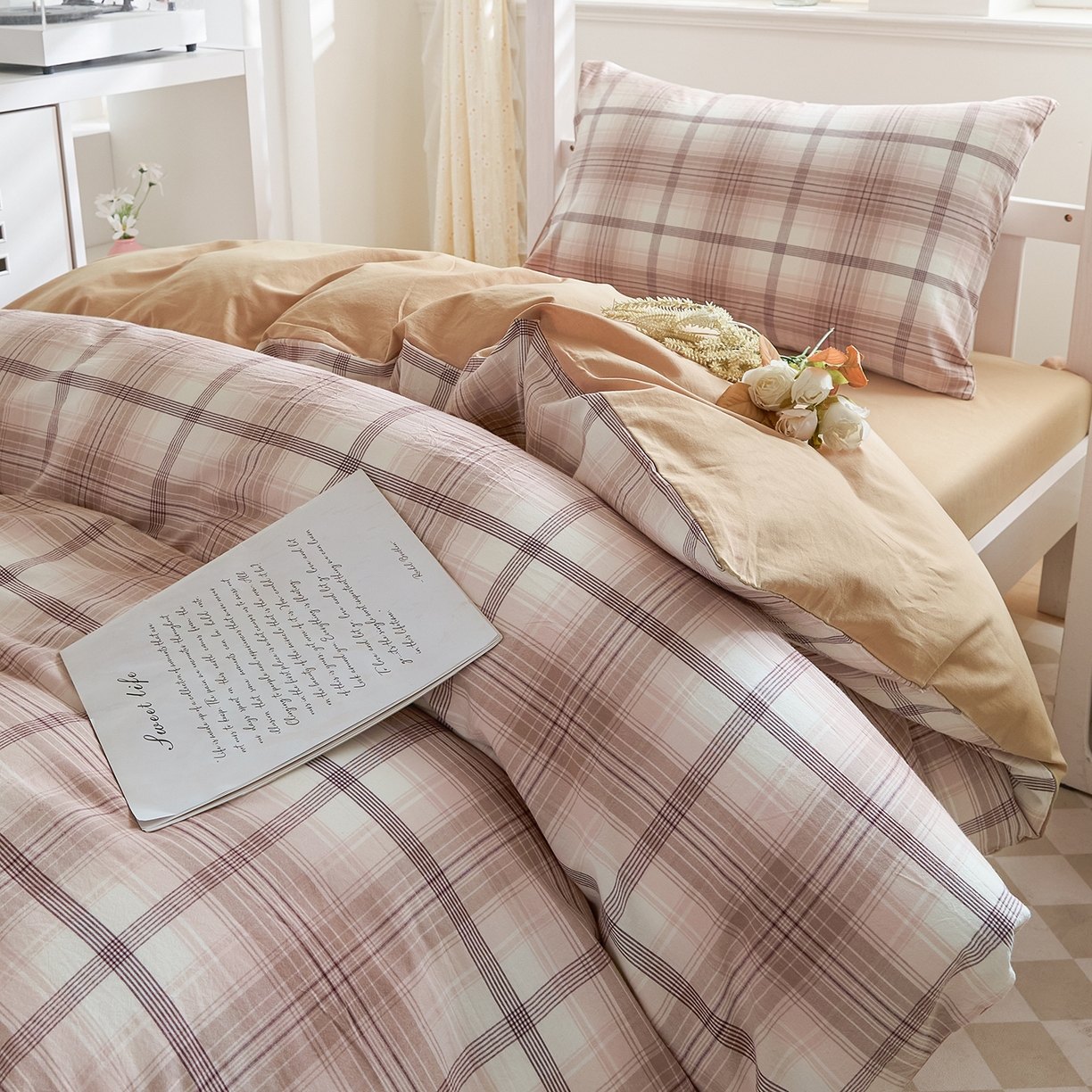 91家纺网 家纺一手货源 找家纺 吾诺2025新款 色织全棉学生组合大礼包三件套四件套 玛奇朵