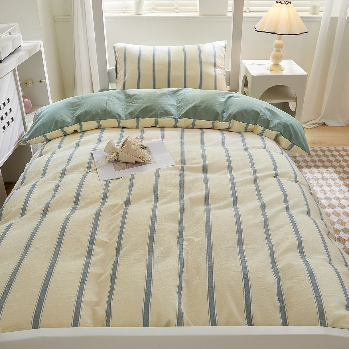 91家纺网 家纺一手货源 找家纺 吾诺2025新款 色织全棉学生组合大礼包三件套四件套 墨绿条