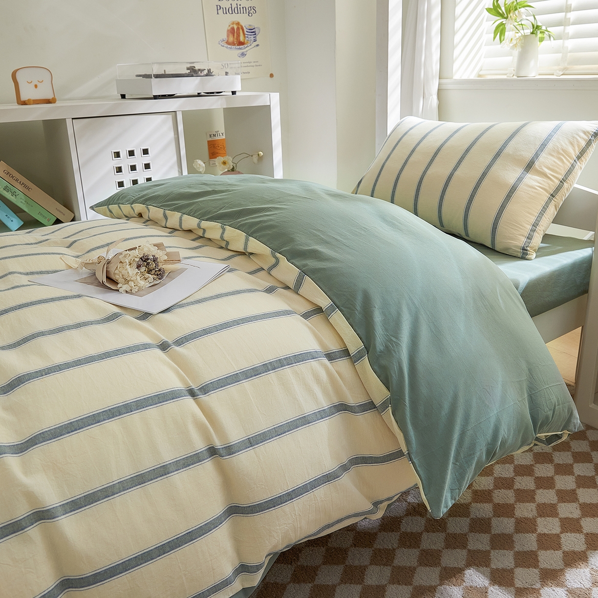 91家纺网 家纺一手货源 找家纺 吾诺2025新款 色织全棉学生组合大礼包三件套四件套 墨绿条