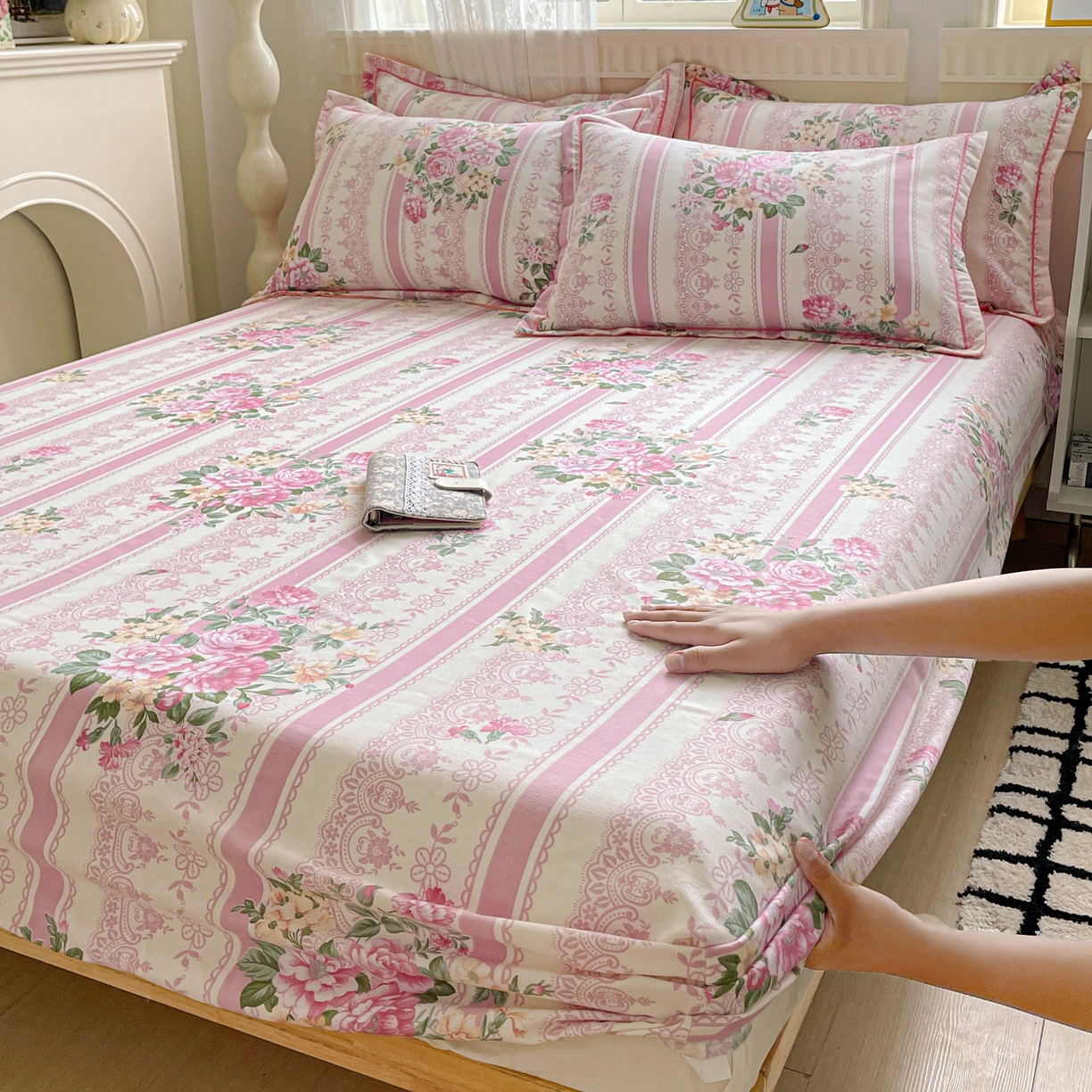 纽缦家纺 2025新款全棉纯棉磨毛印花单床笠 床笠单件 法芙娜粉