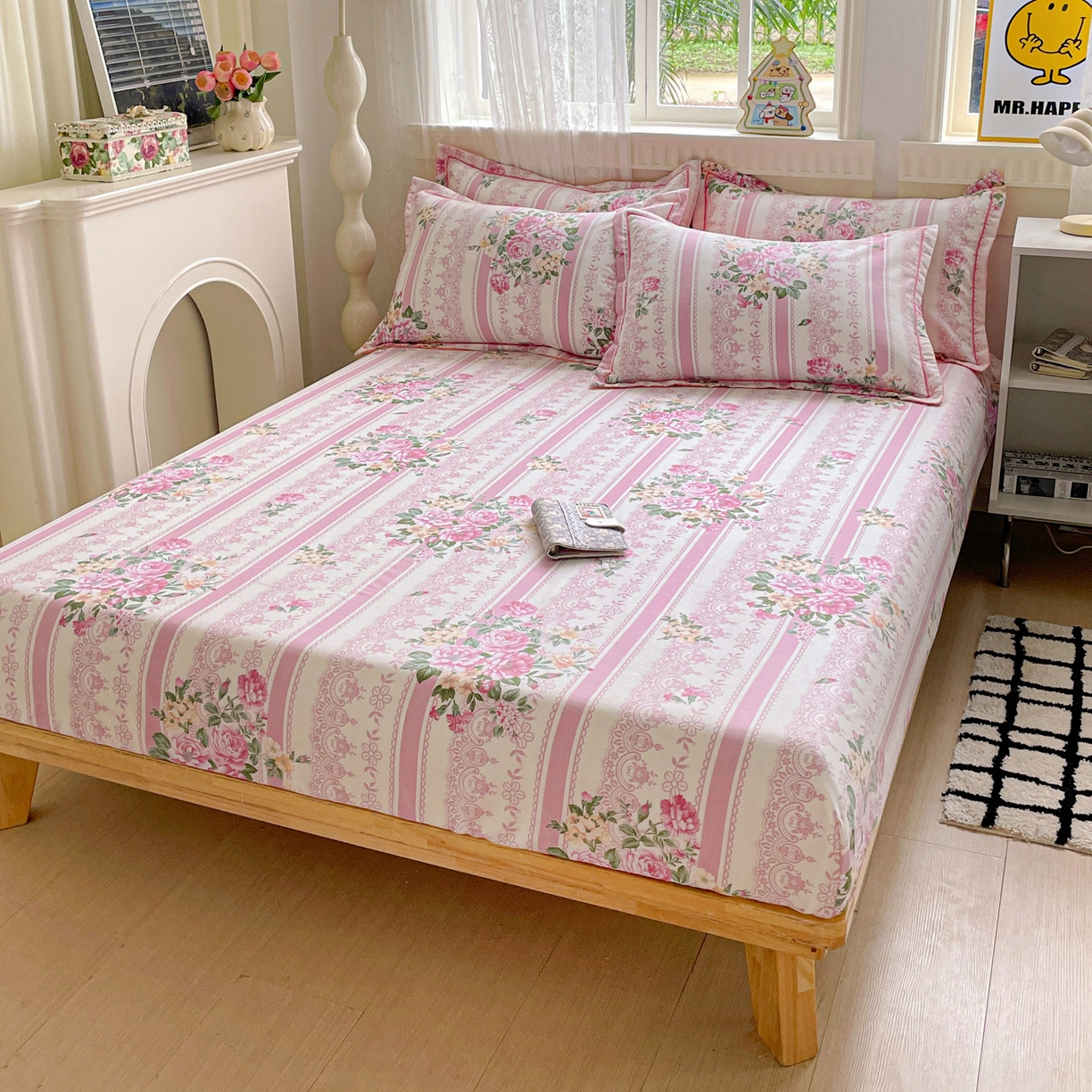 91家纺网 家纺一手货源 找家纺 纽缦家纺 2025新款全棉纯棉磨毛印花单床笠 床笠单件 法芙娜粉