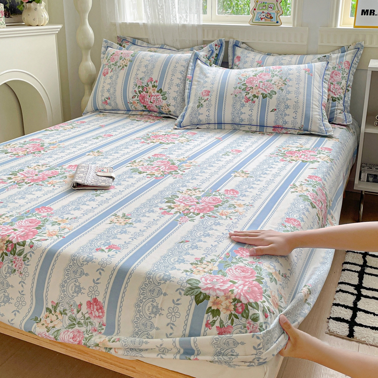 纽缦家纺 2025新款全棉纯棉磨毛印花单床笠 床笠单件 法芙娜蓝