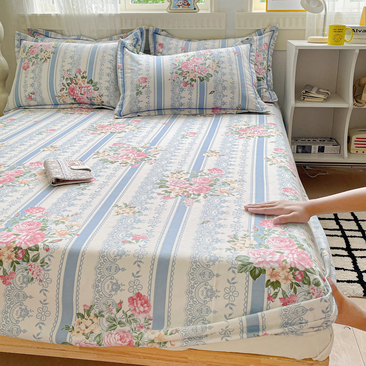 91家纺网 家纺一手货源 找家纺 纽缦家纺 2025新款全棉纯棉磨毛印花单床笠 床笠单件 法芙娜蓝