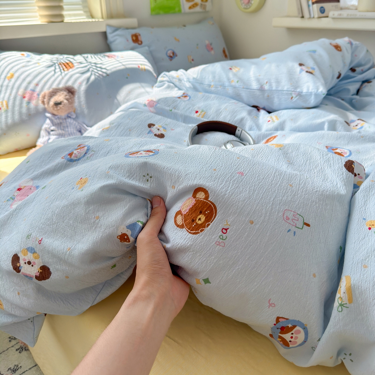 91家纺网 家纺一手货源 找家纺 （总）沐芷 2025 双层纱简约风床上四件套柔软手感宿舍三件套