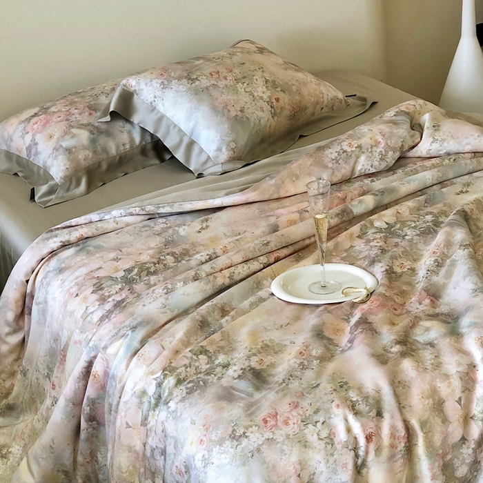 91家纺网 家纺一手货源 找家纺 （总）佳汐蓝家纺2025新款春夏60支柔缎兰精天丝轻奢印花四件套-花园蜜语