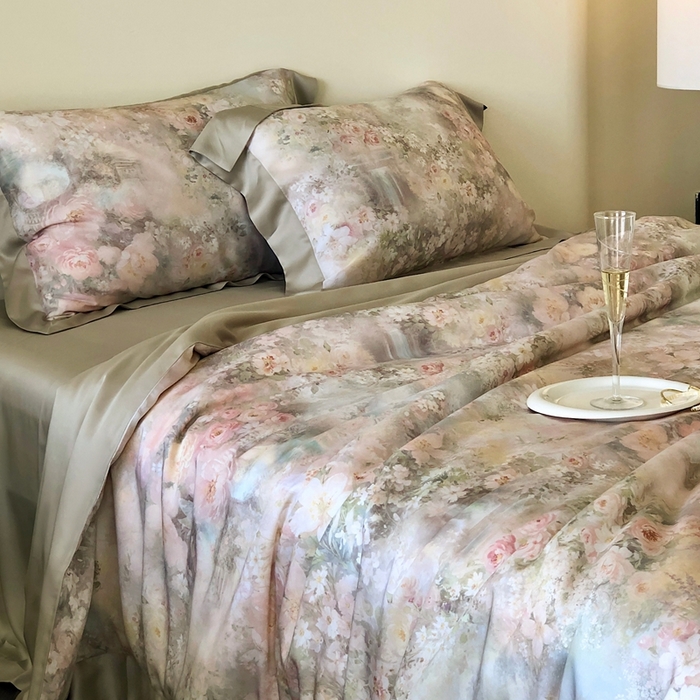 91家纺网 家纺一手货源 找家纺 （总）佳汐蓝家纺2025新款春夏60支柔缎兰精天丝轻奢印花四件套-花园蜜语