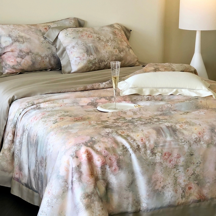 91家纺网 家纺一手货源 找家纺 （总）佳汐蓝家纺2025新款春夏60支柔缎兰精天丝轻奢印花四件套-花园蜜语