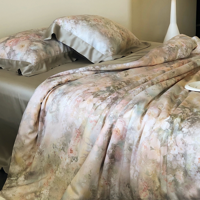 91家纺网 家纺一手货源 找家纺 （总）佳汐蓝家纺2025新款春夏60支柔缎兰精天丝轻奢印花四件套-花园蜜语