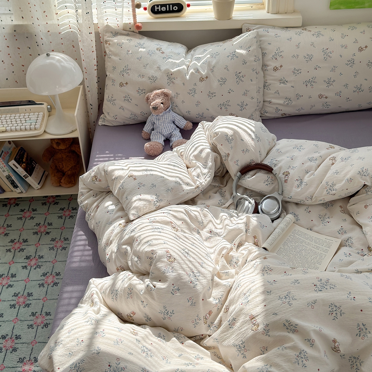 91家纺网 家纺一手货源 找家纺 沐芷 2025 A类木棉双层纱简约风床上四件套柔软手感宿舍三件套 徘徊兔兔