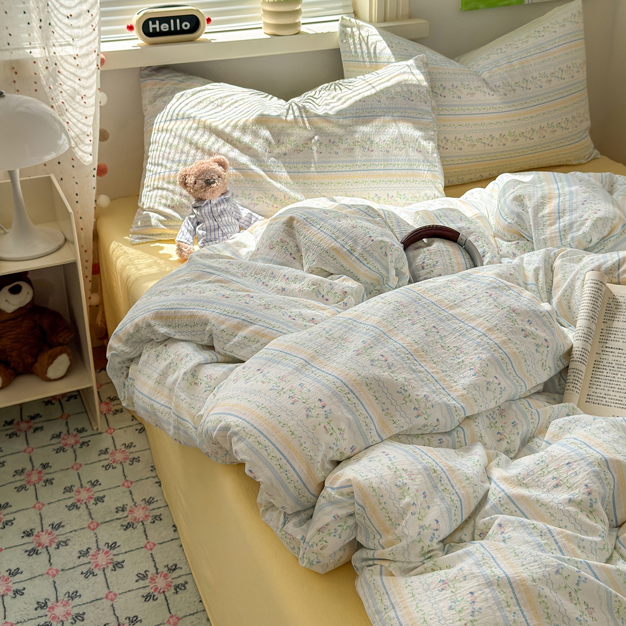 91家纺网 家纺一手货源 找家纺 沐芷 2025 A类木棉双层纱简约风床上四件套柔软手感宿舍三件套 半亩花田