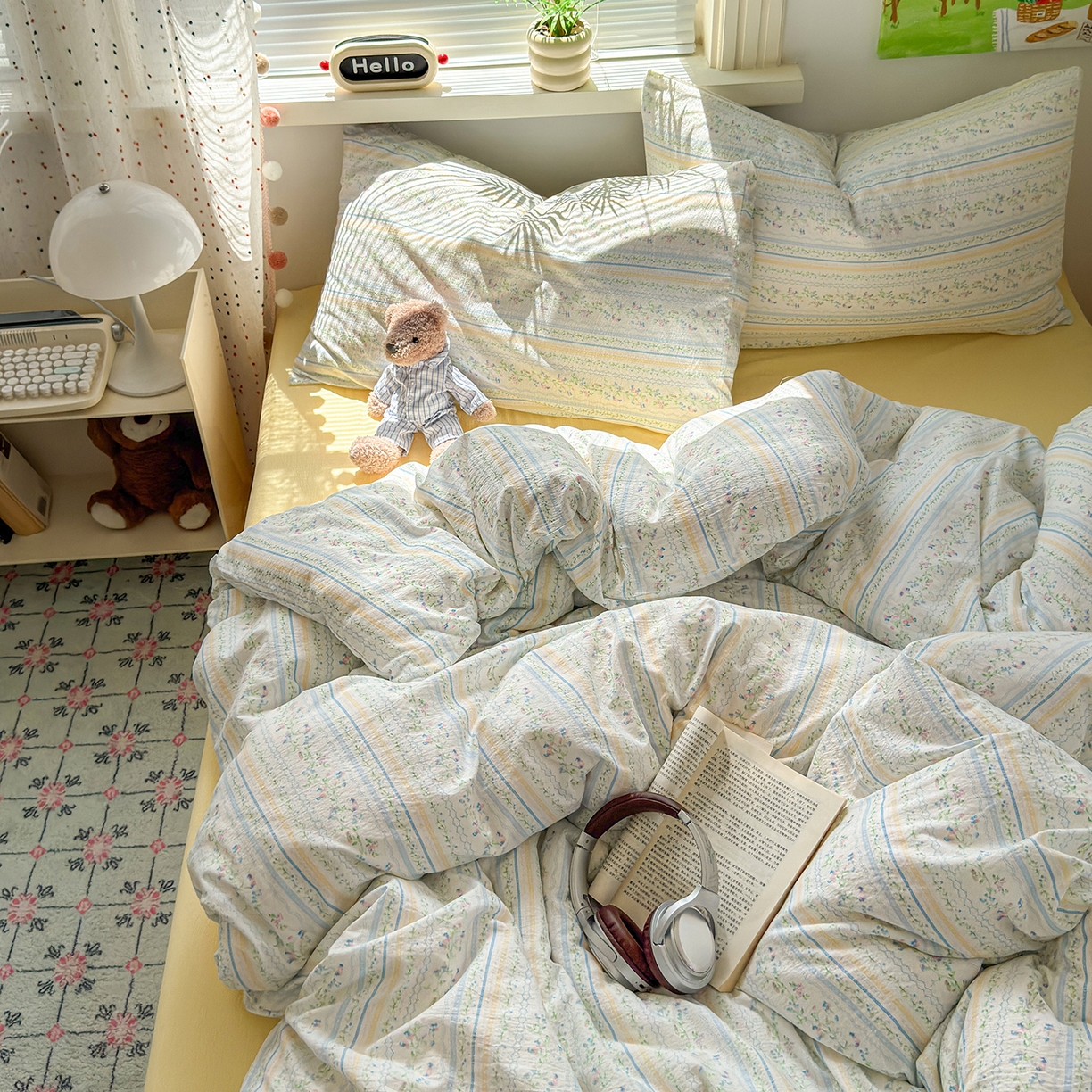 91家纺网 家纺一手货源 找家纺 沐芷 2025 A类木棉双层纱简约风床上四件套柔软手感宿舍三件套 半亩花田