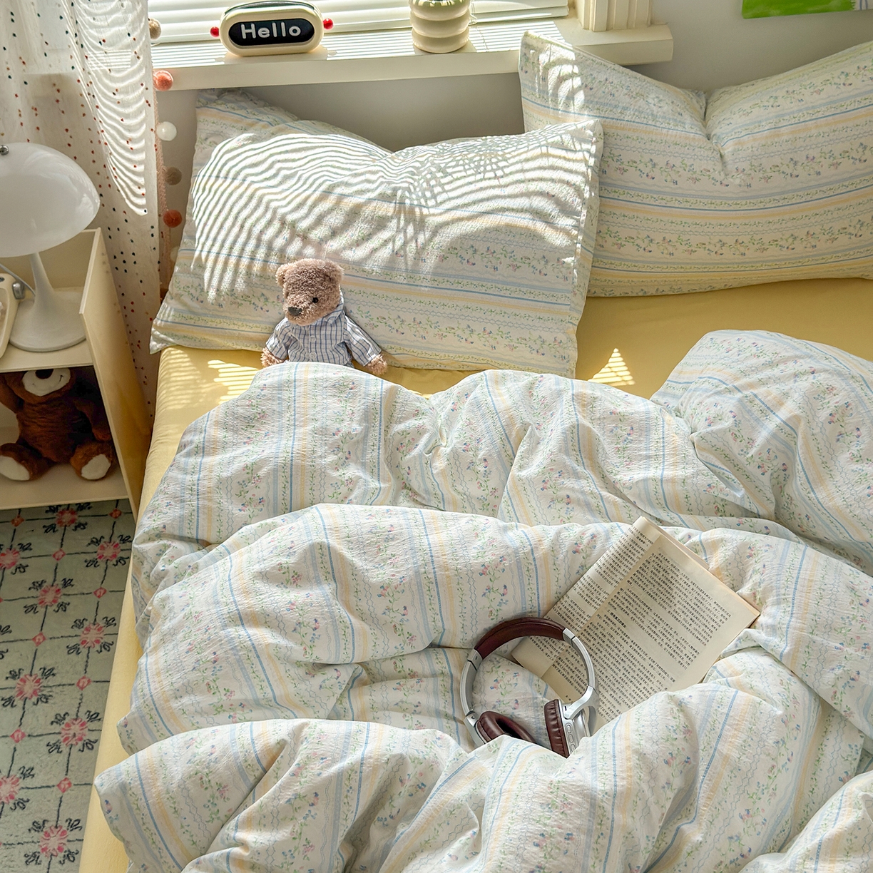 91家纺网 家纺一手货源 找家纺 沐芷 2025 A类木棉双层纱简约风床上四件套柔软手感宿舍三件套 半亩花田