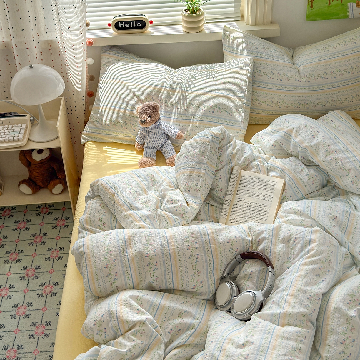 91家纺网 家纺一手货源 找家纺 沐芷 2025 A类木棉双层纱简约风床上四件套柔软手感宿舍三件套 半亩花田