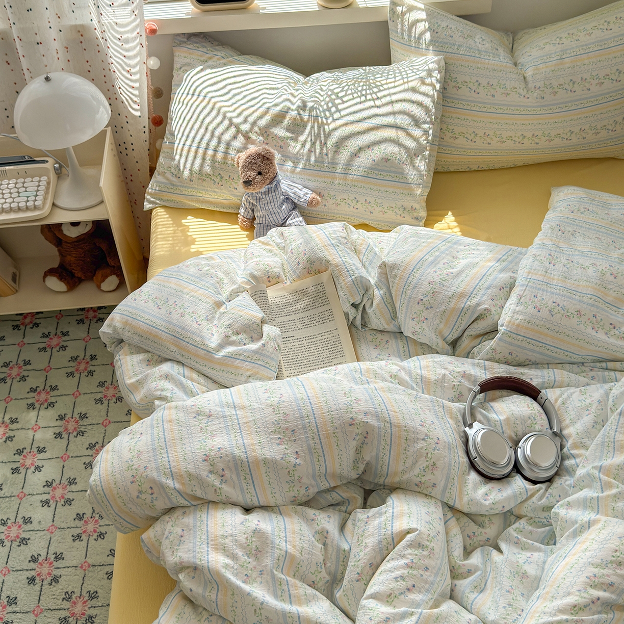 91家纺网 家纺一手货源 找家纺 沐芷 2025 A类木棉双层纱简约风床上四件套柔软手感宿舍三件套 半亩花田