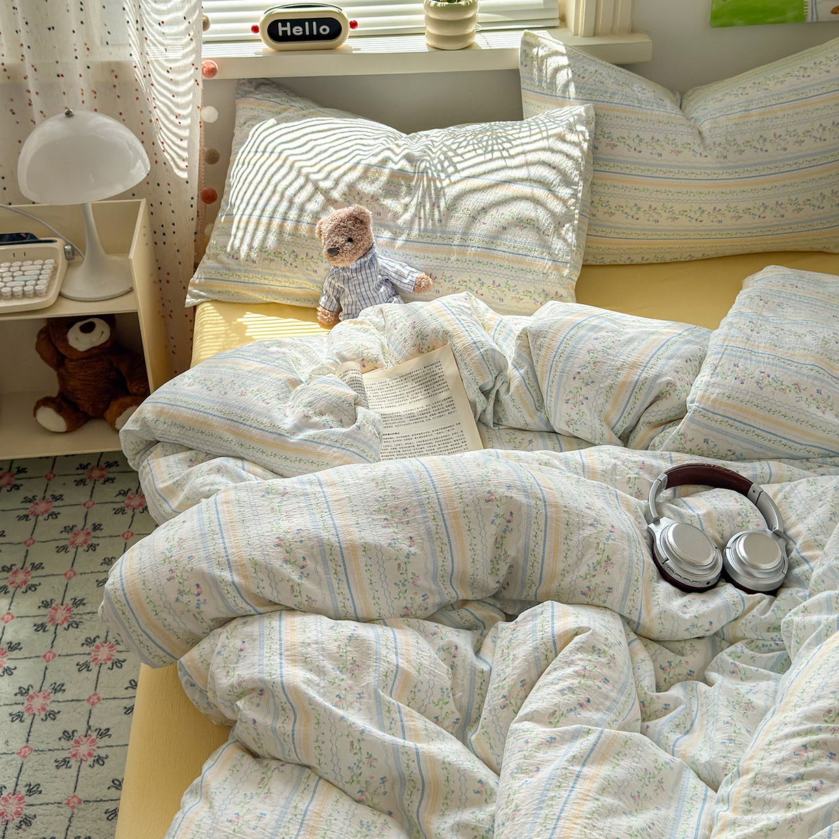 91家纺网 家纺一手货源 找家纺 沐芷 2025 A类木棉双层纱简约风床上四件套柔软手感宿舍三件套 半亩花田