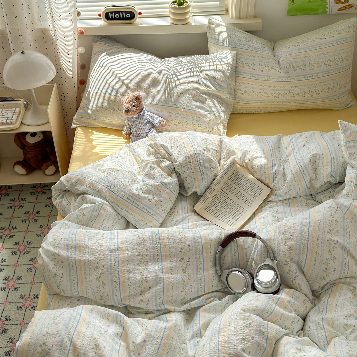 91家纺网 家纺一手货源 找家纺 沐芷 2025 A类木棉双层纱简约风床上四件套柔软手感宿舍三件套 半亩花田