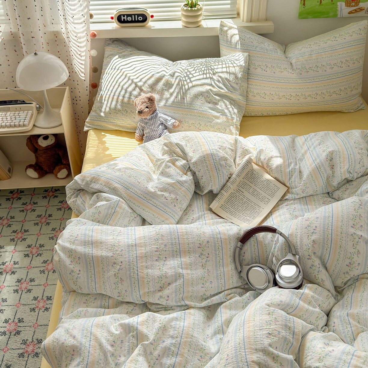 91家纺网 家纺一手货源 找家纺 沐芷 2025 A类木棉双层纱简约风床上四件套柔软手感宿舍三件套 半亩花田