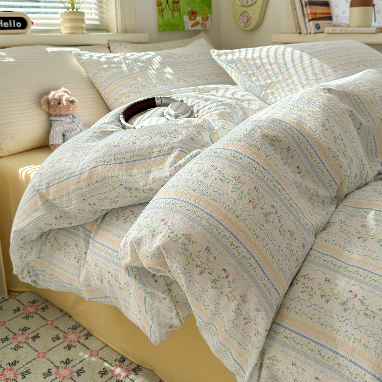 91家纺网 家纺一手货源 找家纺 沐芷 2025 A类木棉双层纱简约风床上四件套柔软手感宿舍三件套 半亩花田