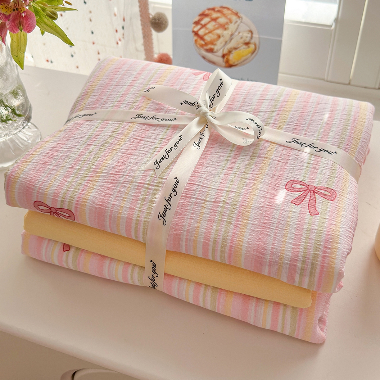 91家纺网 家纺一手货源 找家纺 沐芷 2025 A类木棉双层纱简约风床上四件套柔软手感宿舍三件套 粉粉结