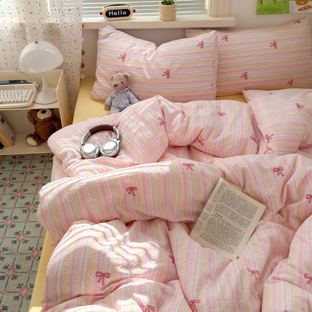 91家纺网 家纺一手货源 找家纺 沐芷 2025 A类木棉双层纱简约风床上四件套柔软手感宿舍三件套 粉粉结