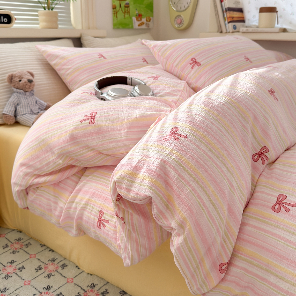 91家纺网 家纺一手货源 找家纺 沐芷 2025 A类木棉双层纱简约风床上四件套柔软手感宿舍三件套 粉粉结