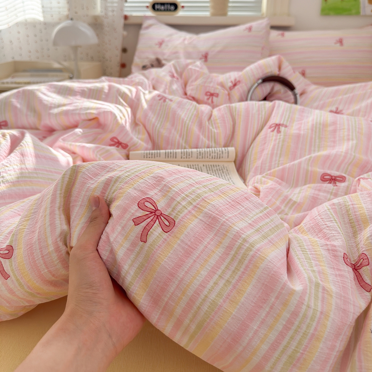 91家纺网 家纺一手货源 找家纺 沐芷 2025 A类木棉双层纱简约风床上四件套柔软手感宿舍三件套 粉粉结