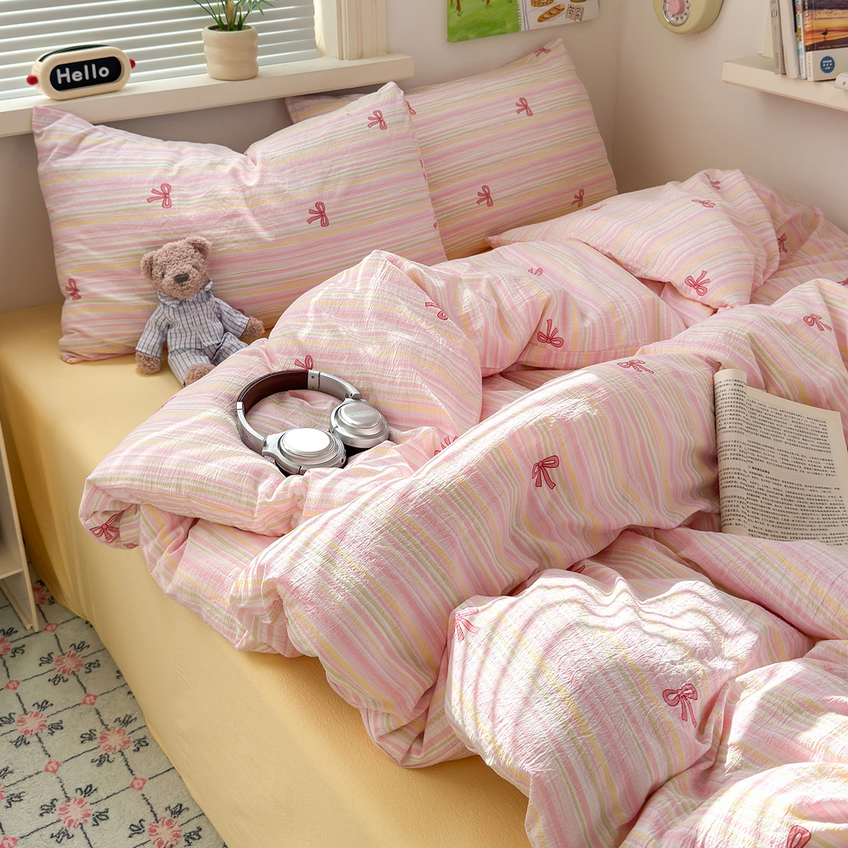 91家纺网 家纺一手货源 找家纺 沐芷 2025 A类木棉双层纱简约风床上四件套柔软手感宿舍三件套 粉粉结