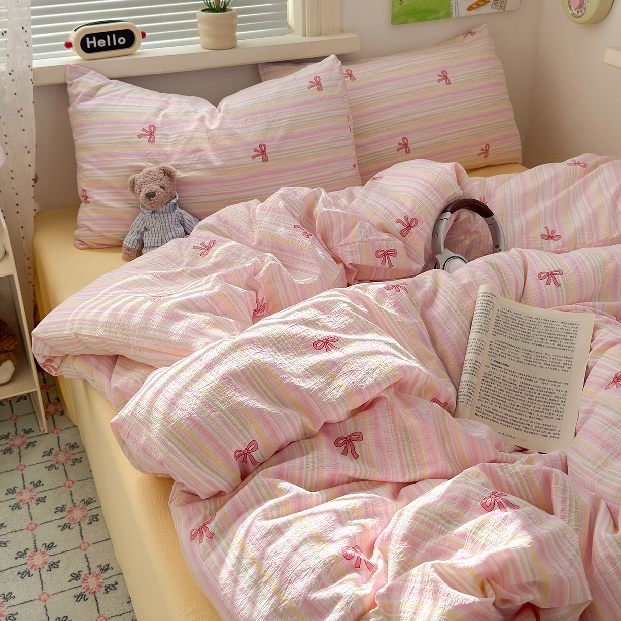 91家纺网 家纺一手货源 找家纺 沐芷 2025 A类木棉双层纱简约风床上四件套柔软手感宿舍三件套 粉粉结