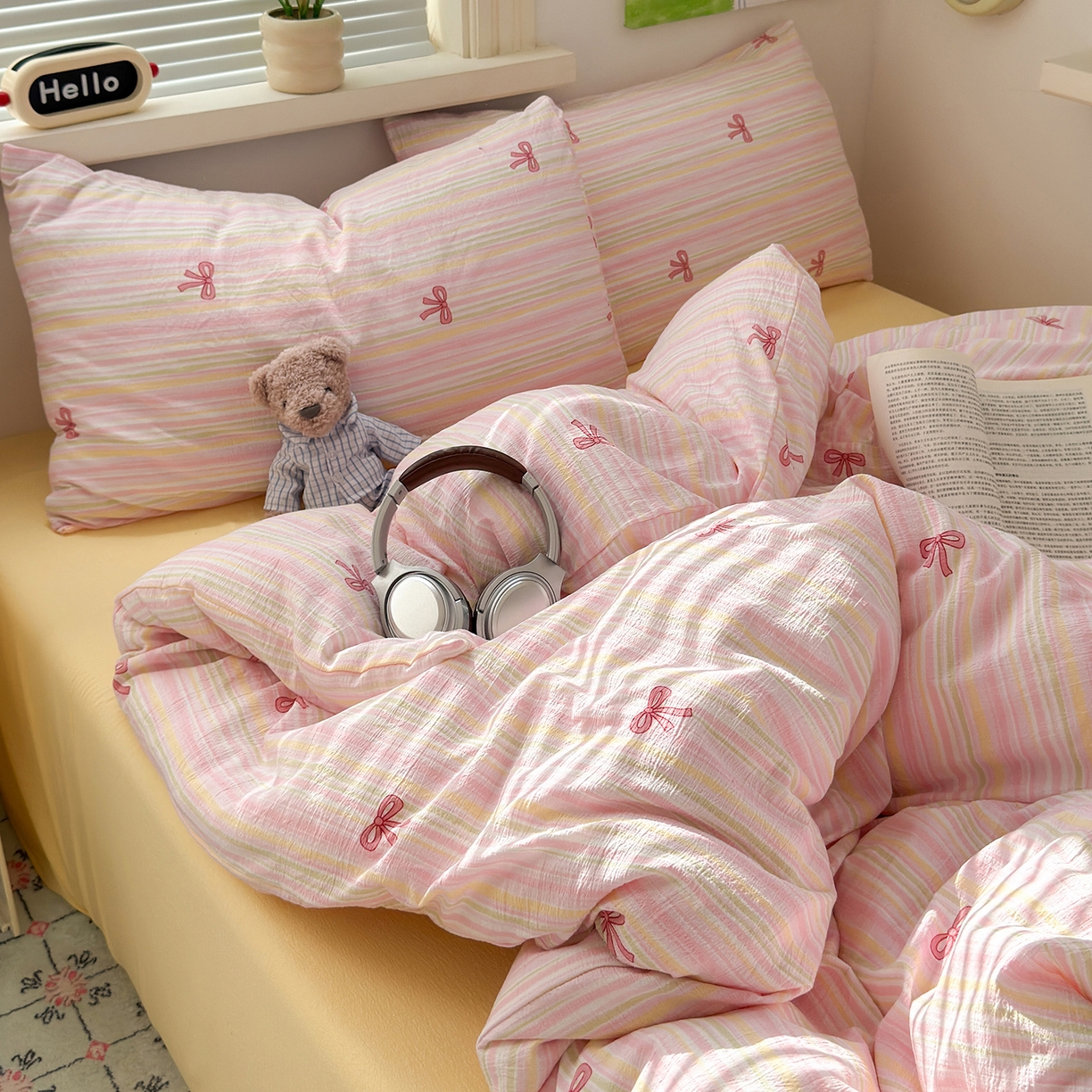 91家纺网 家纺一手货源 找家纺 沐芷 2025 A类木棉双层纱简约风床上四件套柔软手感宿舍三件套 粉粉结