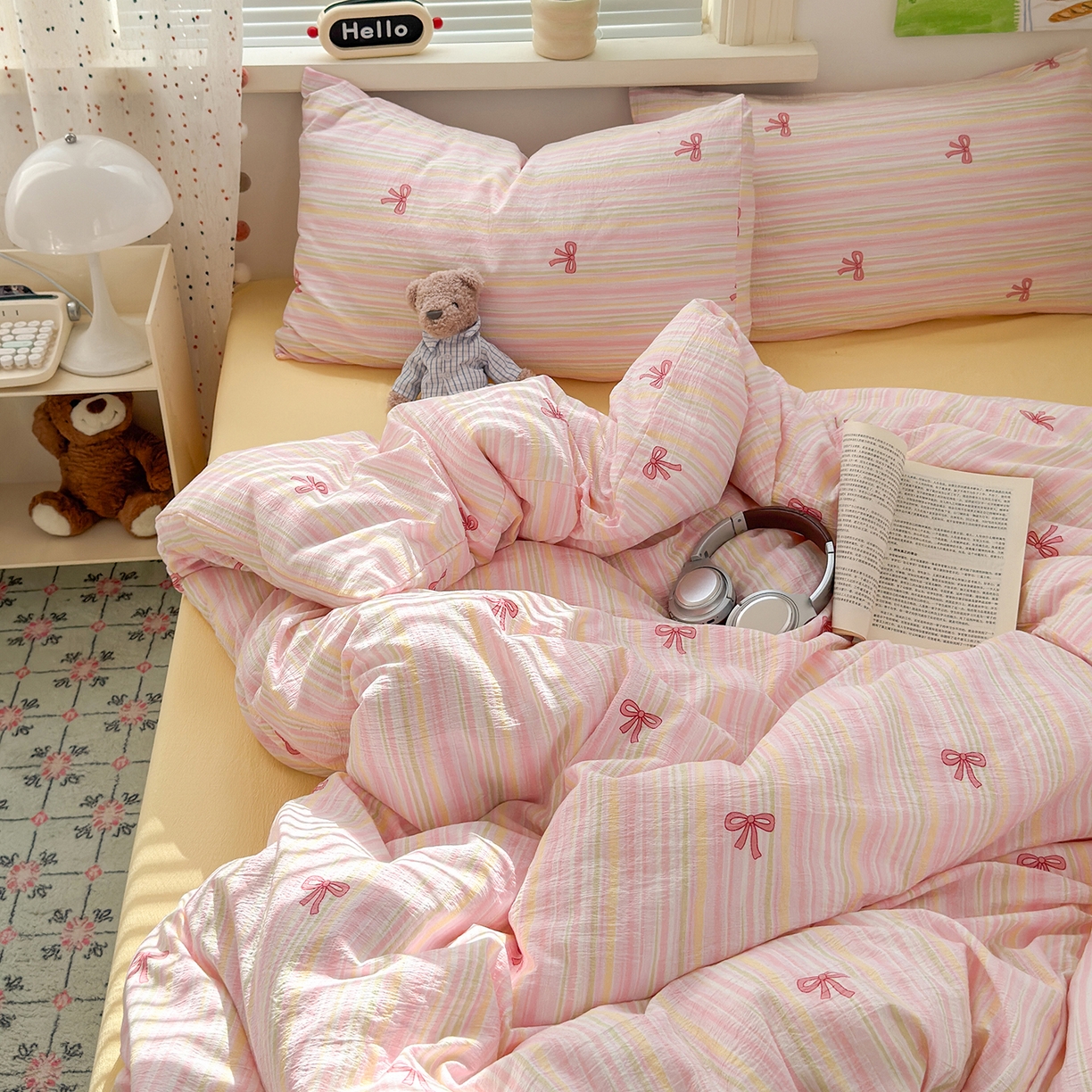 91家纺网 家纺一手货源 找家纺 沐芷 2025 A类木棉双层纱简约风床上四件套柔软手感宿舍三件套 粉粉结