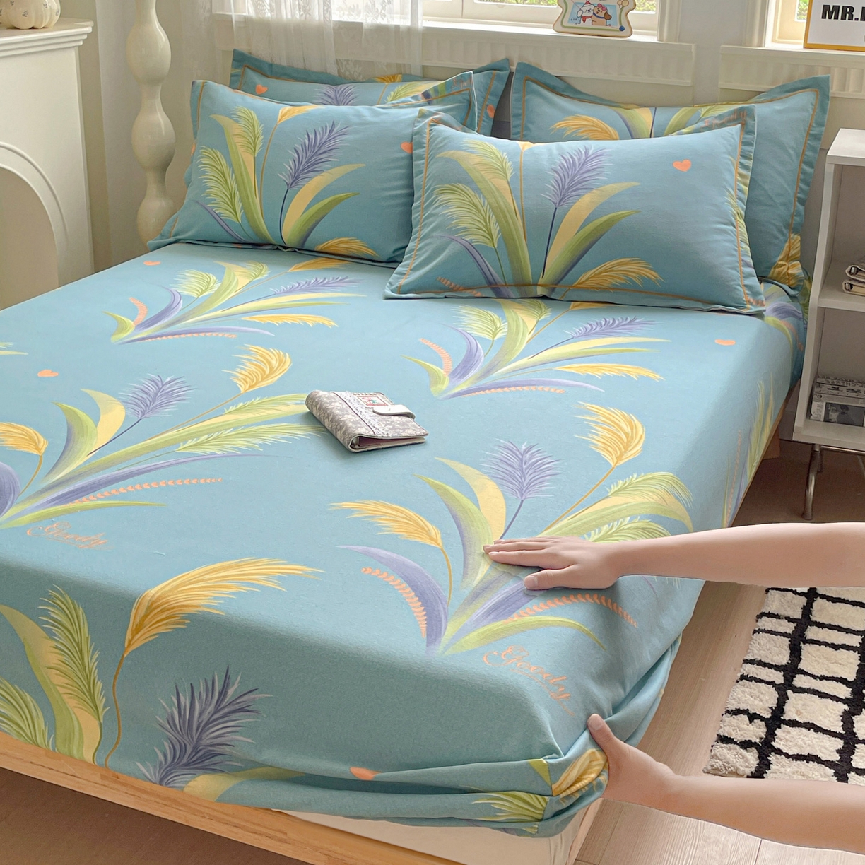 纽缦家纺 2025新款全棉纯棉磨毛印花单床笠 床笠单件 风吹麦浪蓝