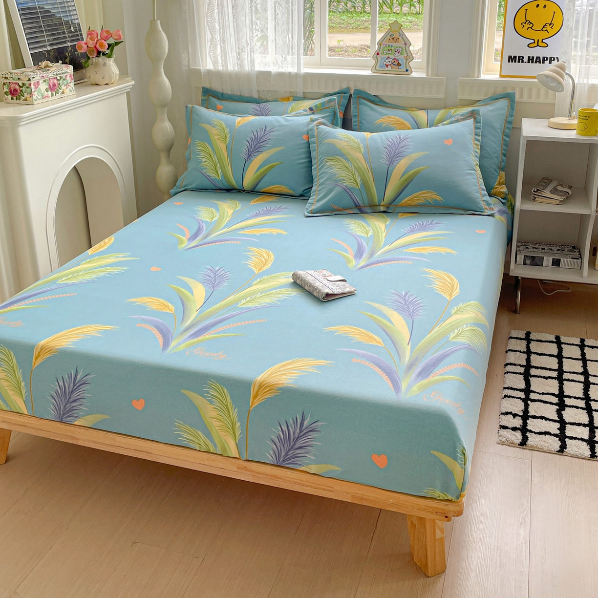 91家纺网 家纺一手货源 找家纺 纽缦家纺 2025新款全棉纯棉磨毛印花单床笠 床笠单件 风吹麦浪蓝