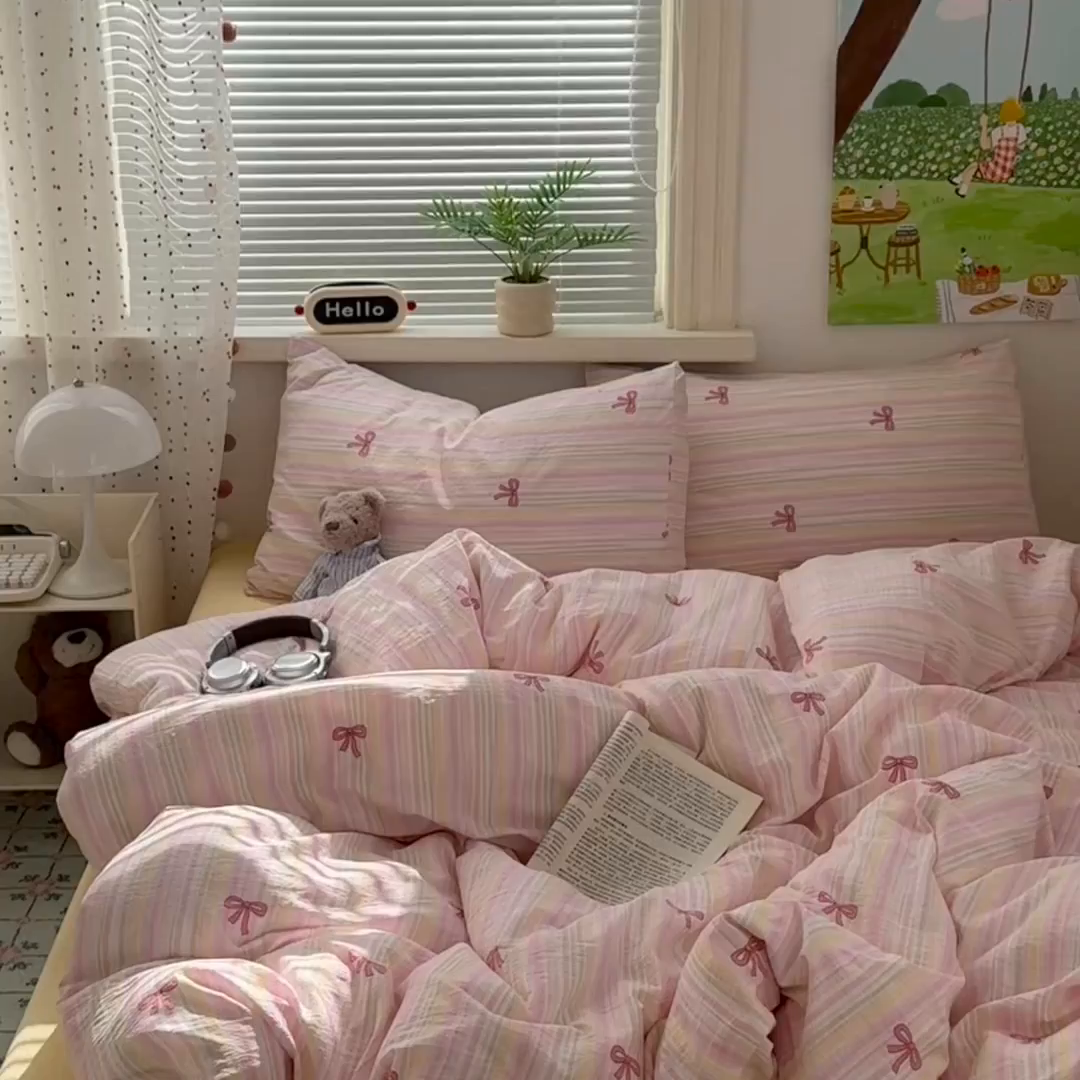 91家纺网 家纺一手货源 找家纺 沐芷 2025 A类木棉双层纱简约风床上四件套柔软手感宿舍三件套 粉粉结