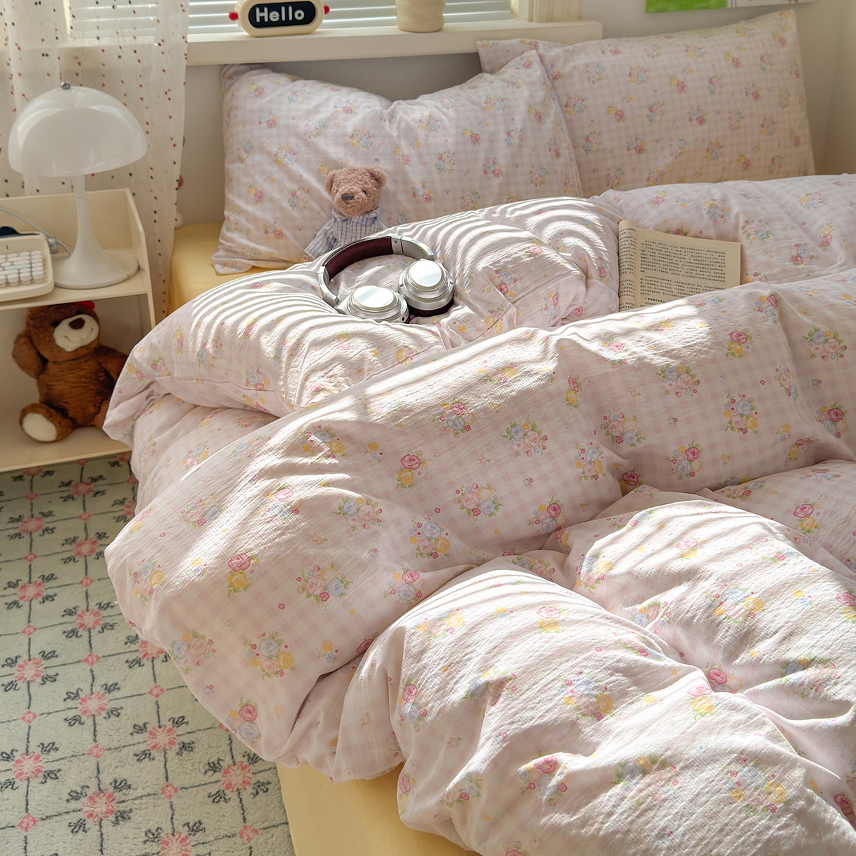 91家纺网 家纺一手货源 找家纺 沐芷 2025 A类木棉双层纱简约风床上四件套柔软手感宿舍三件套 花间语