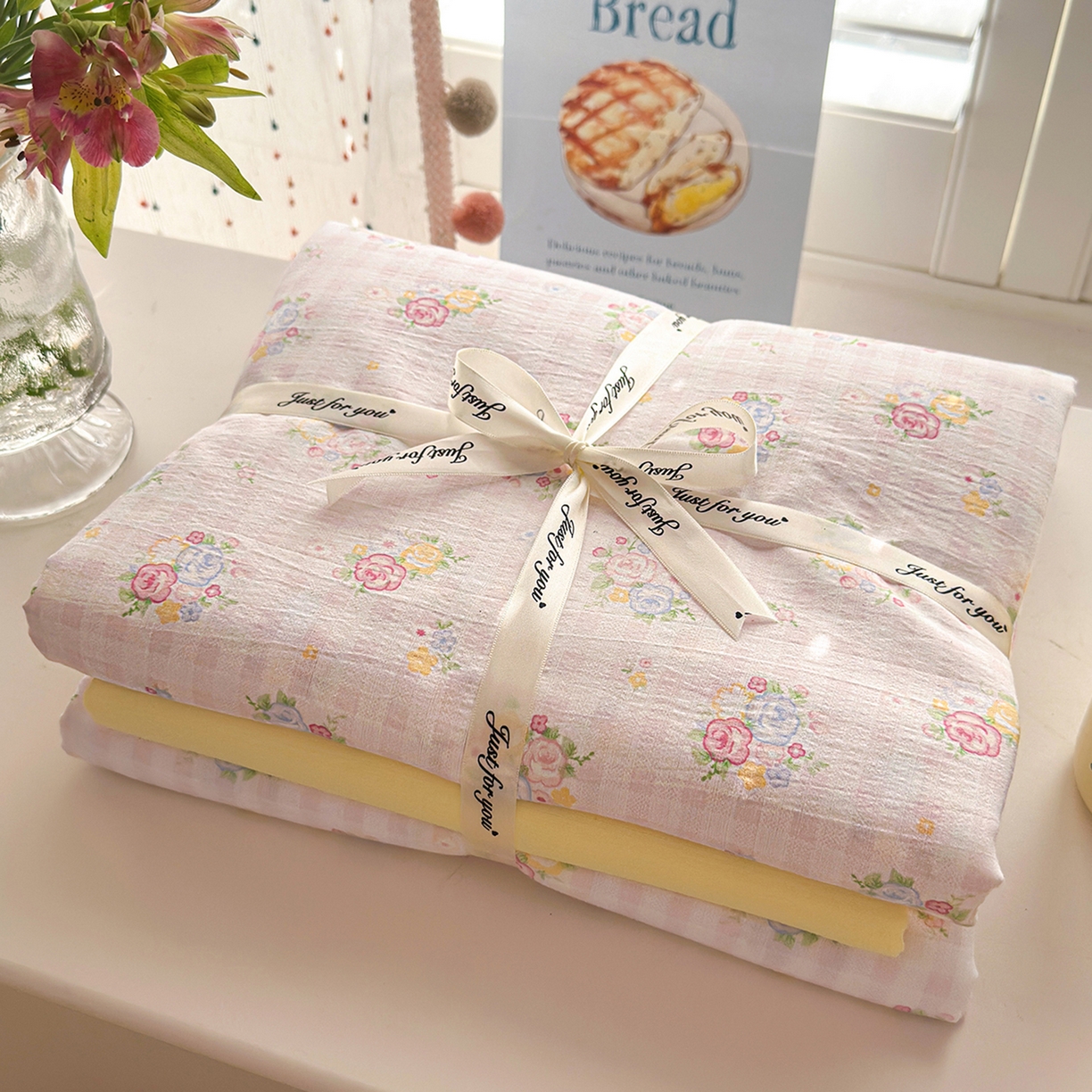 91家纺网 家纺一手货源 找家纺 沐芷 2025 A类木棉双层纱简约风床上四件套柔软手感宿舍三件套 花间语