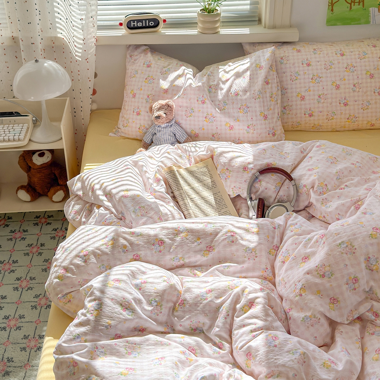 91家纺网 家纺一手货源 找家纺 沐芷 2025 A类木棉双层纱简约风床上四件套柔软手感宿舍三件套 花间语