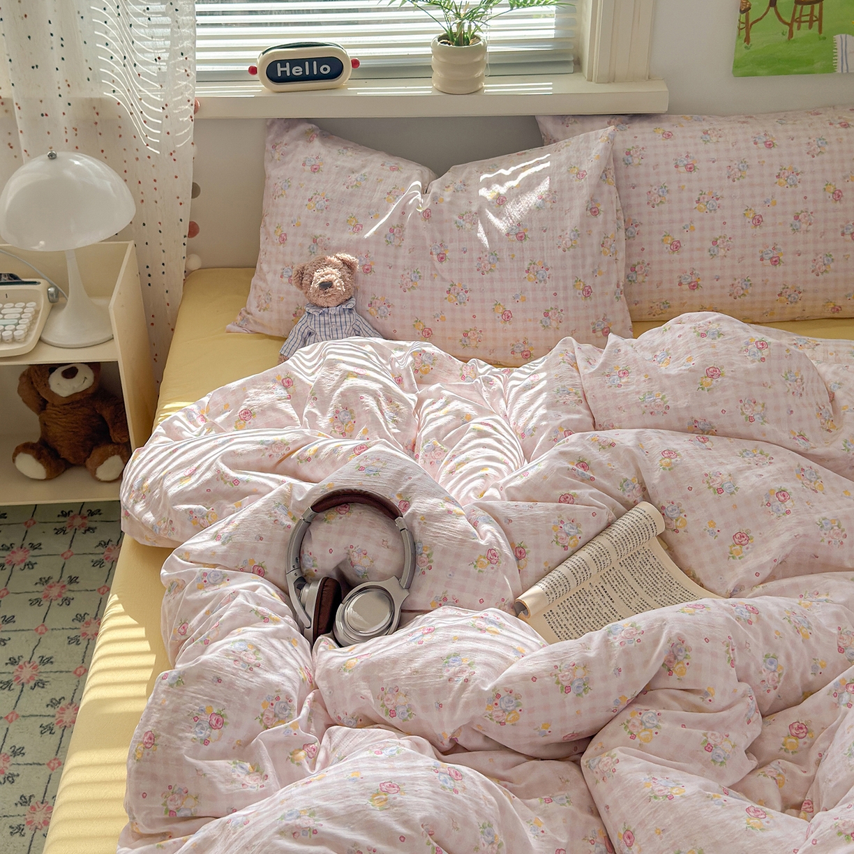 91家纺网 家纺一手货源 找家纺 沐芷 2025 A类木棉双层纱简约风床上四件套柔软手感宿舍三件套 花间语