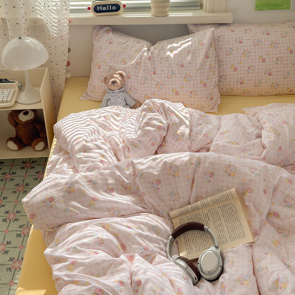 91家纺网 家纺一手货源 找家纺 沐芷 2025 A类木棉双层纱简约风床上四件套柔软手感宿舍三件套 花间语