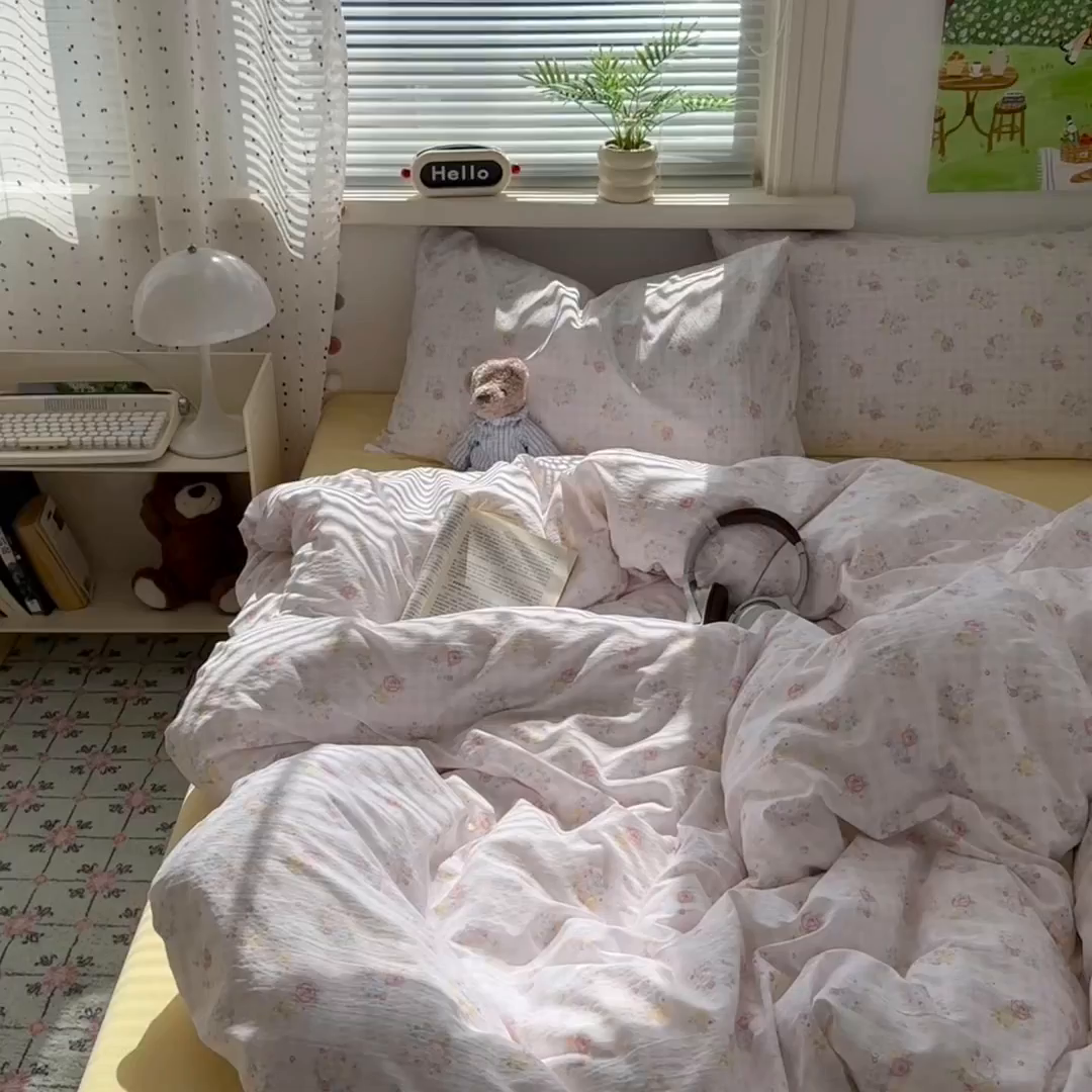91家纺网 家纺一手货源 找家纺 沐芷 2025 A类木棉双层纱简约风床上四件套柔软手感宿舍三件套 花间语
