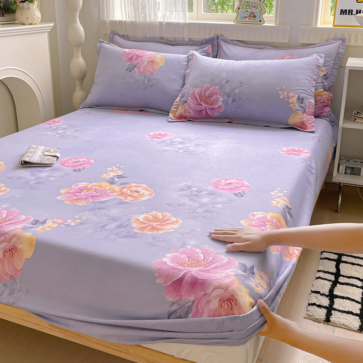 纽缦家纺 2025新款全棉纯棉磨毛印花单床笠 床笠单件 吉娜风情蓝