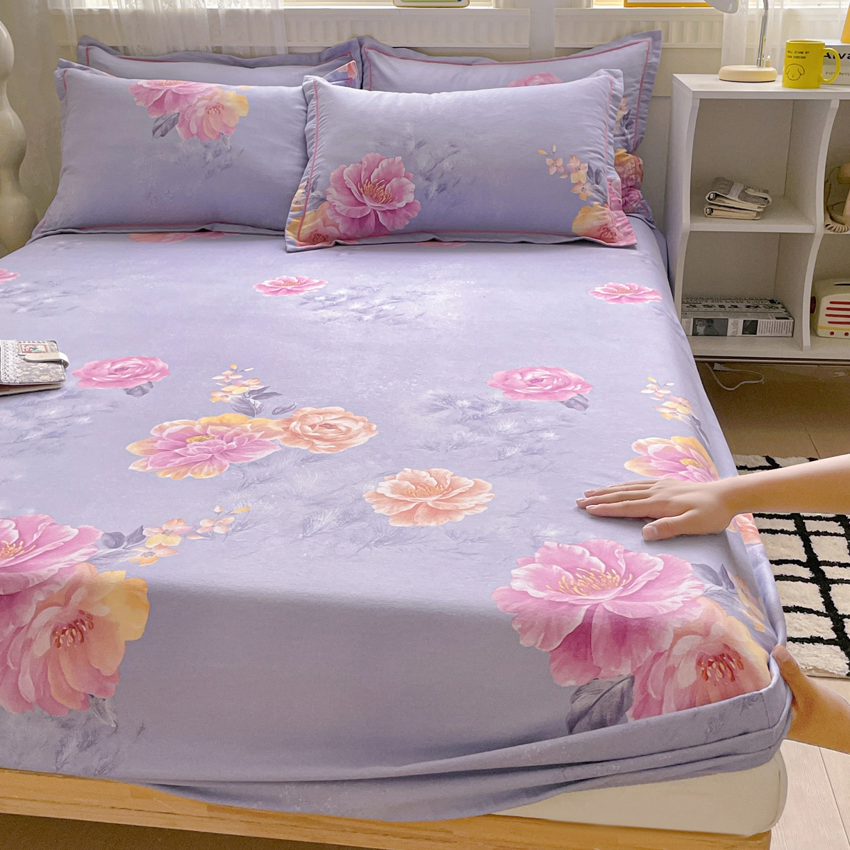 91家纺网 家纺一手货源 找家纺 纽缦家纺 2025新款全棉纯棉磨毛印花单床笠 床笠单件 吉娜风情蓝